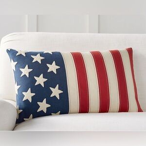 Pottery Barn American Flag Embroidered Lumbar Pillow 16 x 26 Down Feather Insert